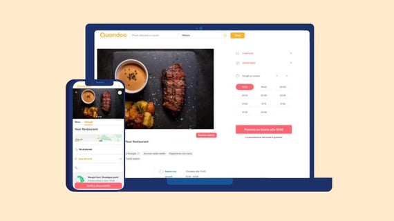 Immagine di un computer e di un cellulare che mostrano un ristorante sul portale Quandoo e sull'app Quandoo