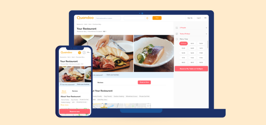 Image of a notebook and a mobile phone showing a restaurant on Quandoo portal and Quandoo app
