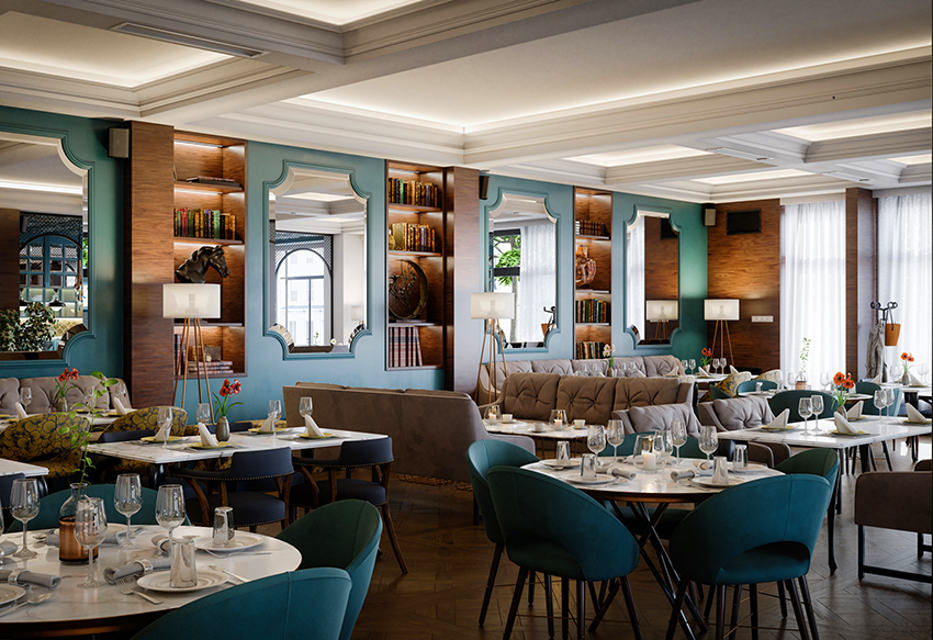 Mavi dekorasyonlu restoran iç mekanının görüntüsü