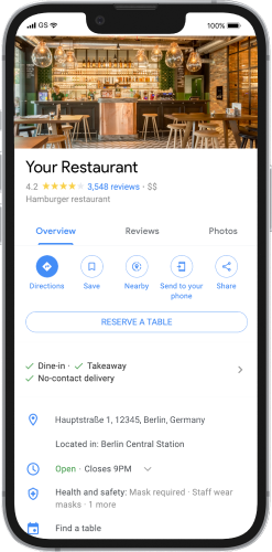 Product image of a smartphone displaying a restaurant from Google Search.