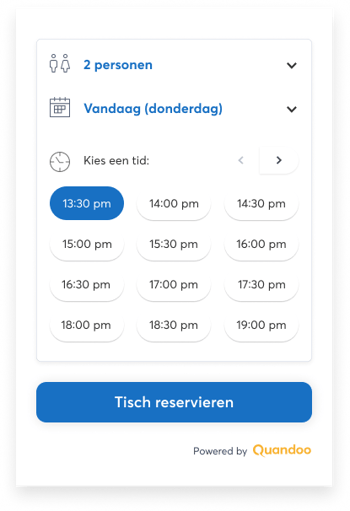 Productafbeelding van Quandoo's reserveringswidget. Er is een tijdslot geselecteerd dat de gewenste reserveringstijd weergeeft. 