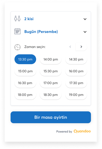 Quandoo rezervasyon widget'ının ürün görseli. Arzu edilen rezervasyon saatinin seçildiğini gösteren bir zaman aralığı.