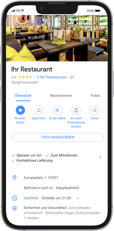 Produktabbildung eines Smartphones, auf dem ein Restaurant aus der Google Suche angezeigt wird.