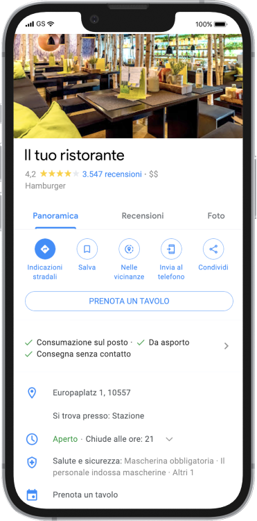 Immagine di prodotto di uno smartphone che mostra un ristorante su Google Search.