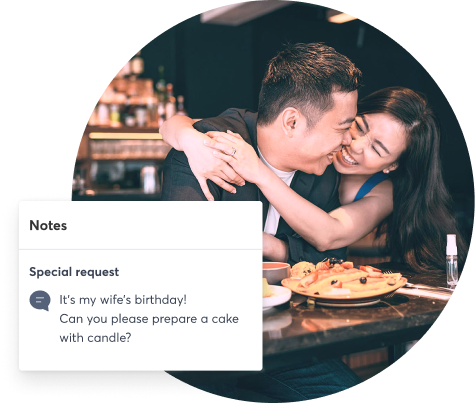 Cutout image of two happy diners. A note with a special birthday request is highlighted in the foreground.