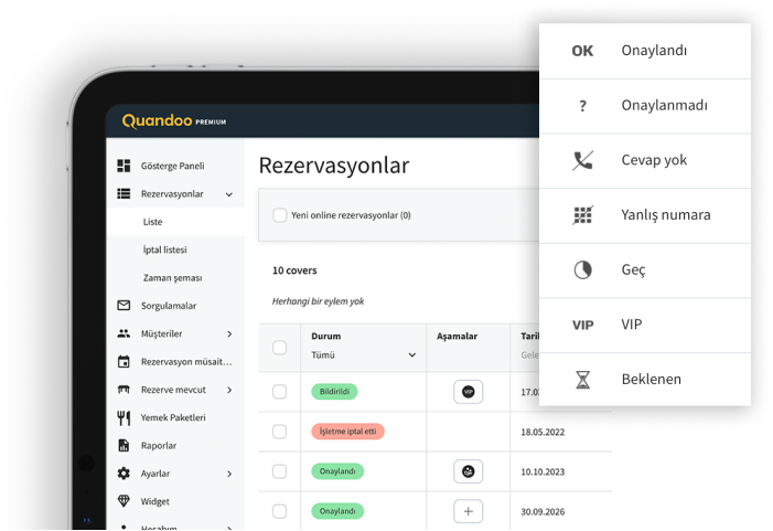 Ekranında rezervasyon listesi görüntülenen bir tabletin kırpılmış görseli. Görselin ön tarafında, not seçeneklerinin yer aldığı bir menü görüntüleniyor.