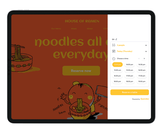 Product image of a tablet showing a restaurant website with a booking widget opened.